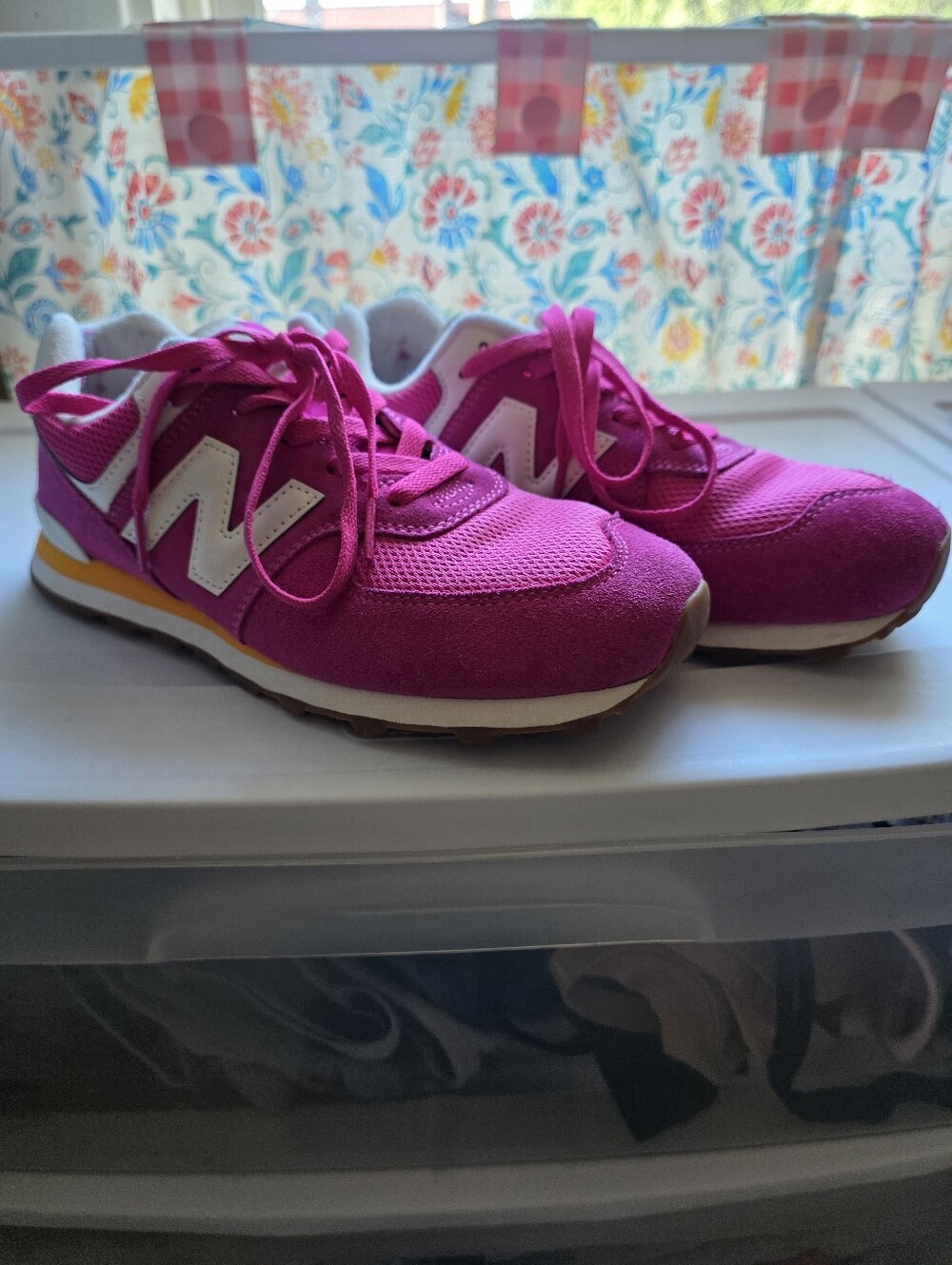 New Balance Magenta Sneakers with White Logo and Yellow Accent Youth Size 6.5